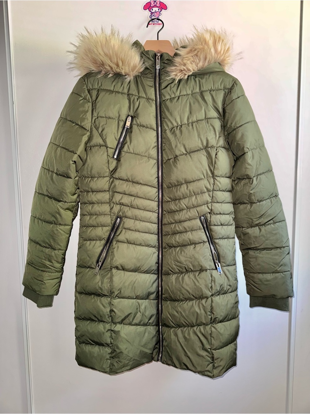 ReVamped Women Green Hood Puffer Coat Faux Fur Trim Full Zip Pockets Size Large